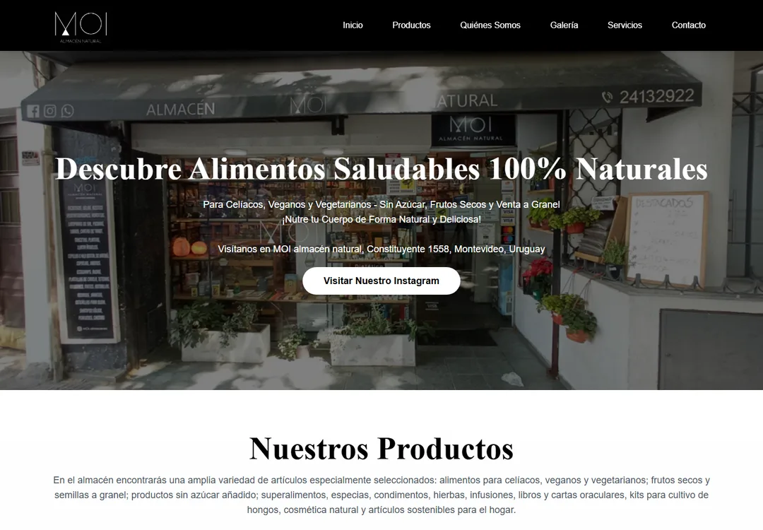 Captura del inicio del sitio de MOI Almacenes