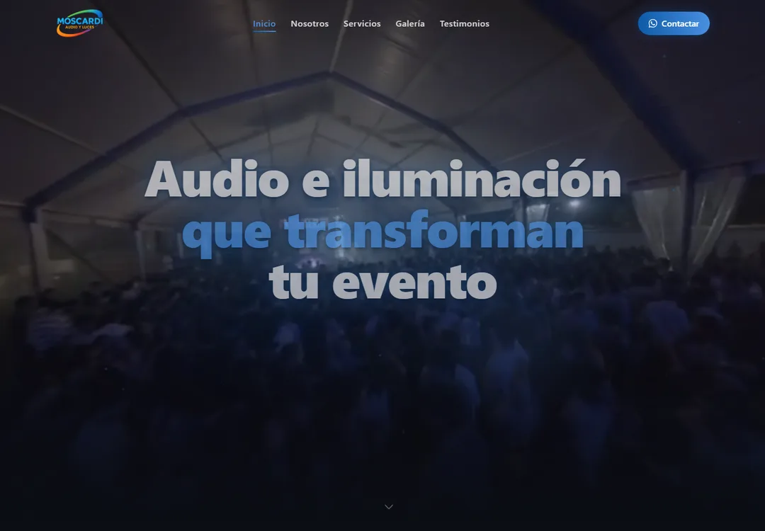 Captura del inicio del sitio de Moscardi Audio y Luces